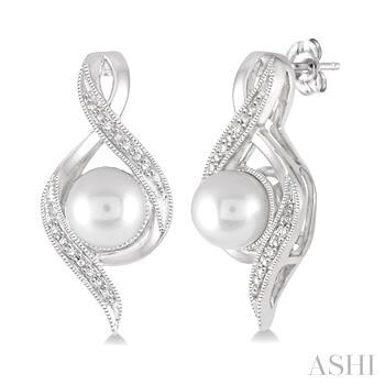 Ashi - SS, 6.5 MM Round Shape Cultured Pearls and 1/20 Ctw Round Cut Diamond Earrings in Sterling Silver