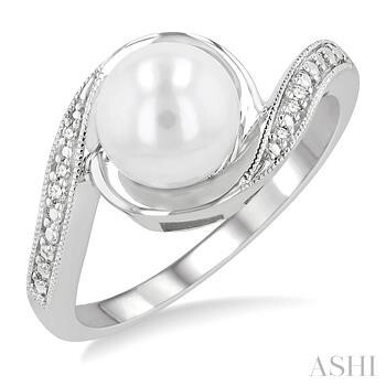 Ashi - SS, 7x7 MM Round Shape Cultured Pearl and 1/50 Ctw Bypass Round Cut Diamond Ring in Sterling Silver