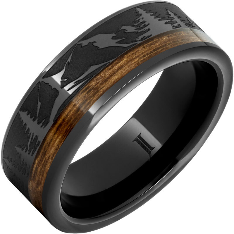 JI - 10, Black Diamond Ceramic™ Ring with Bourbon Barrel Inlay And Mountain Pine Forest Engraving