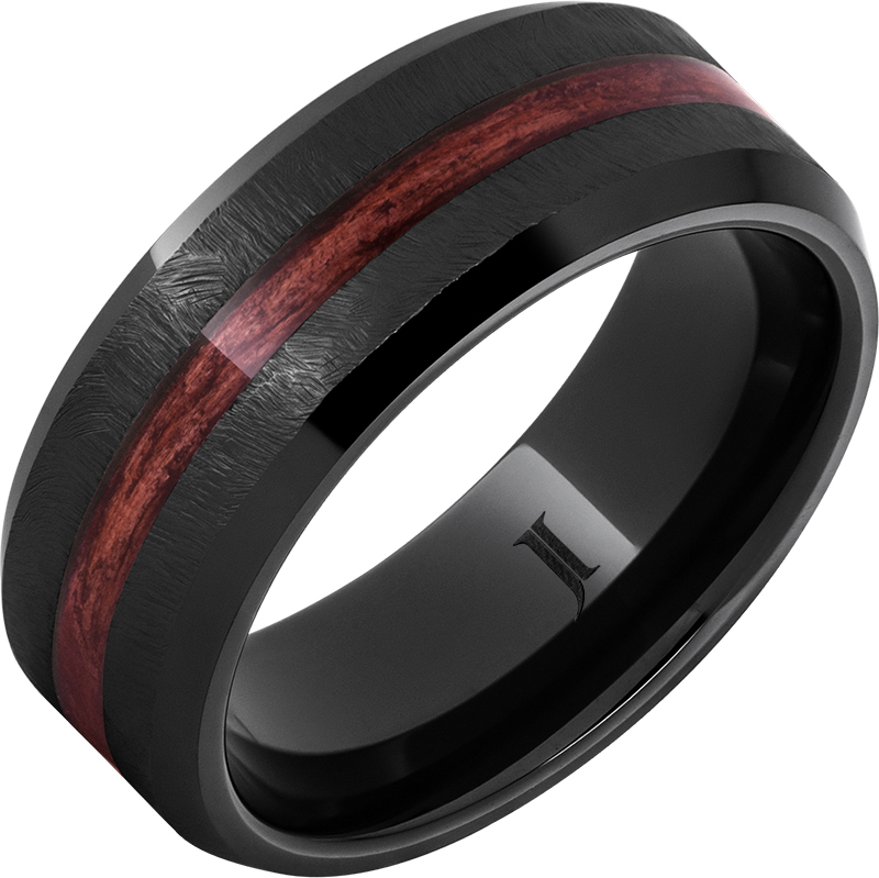 JI - 8MM Black Ceramic Beveled Edge Band with 4mm Cab Stone Edge and Barrel Aged Inlay Size:10
