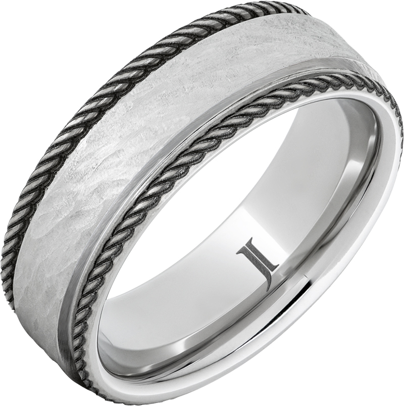 JI - 8mm, Lariat – Serinium® men’s ring with rope engraved edges and hand carved center.