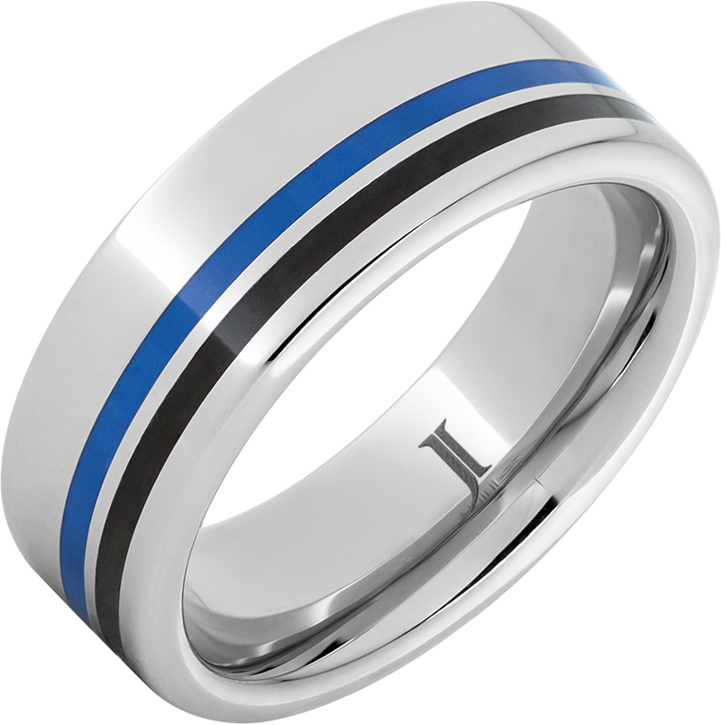 JI - Serinium® Pipe Cut Band with Two 1mm Grooves with Black and Blue Enamel