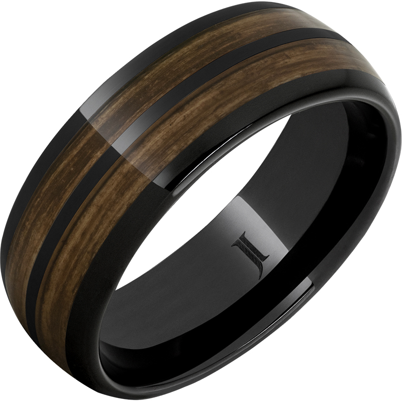 JI - Size 10, 8mm Barrel Aged Black Diamond Ceramic Dome Ring with Bourbon Inlays
