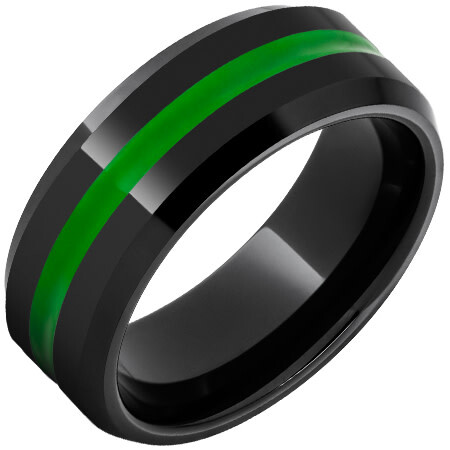JI - Size:10 8mm Black Diamond Ceramic Beveled Edge Band with a 2mm Green Enamel Inlay