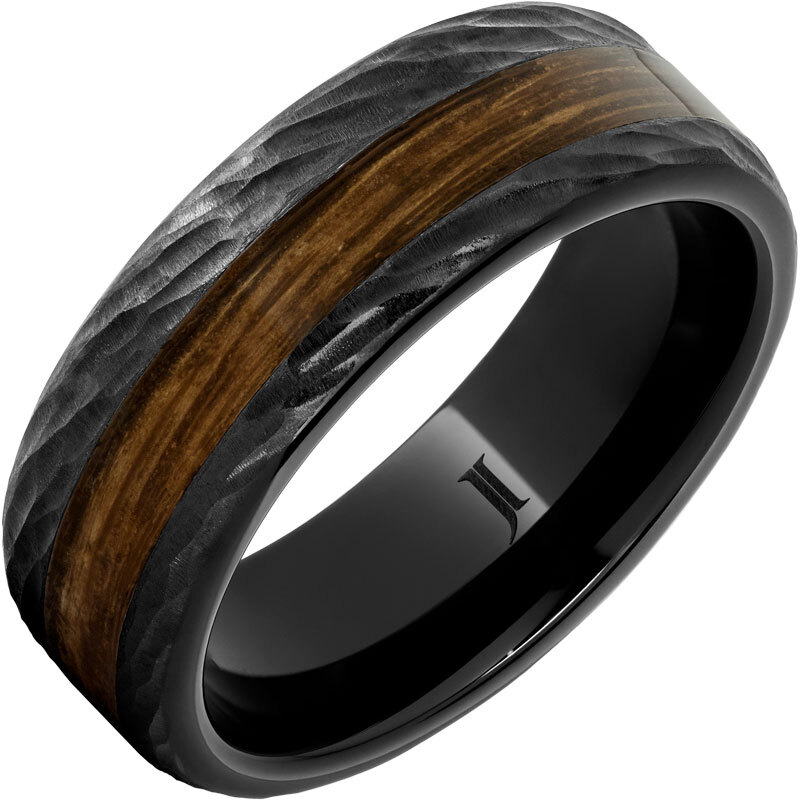 JI - Size 10, Barrel Aged Black Diamond Ceramic Ring with Bourbon Wood Inlay and Bark Finish