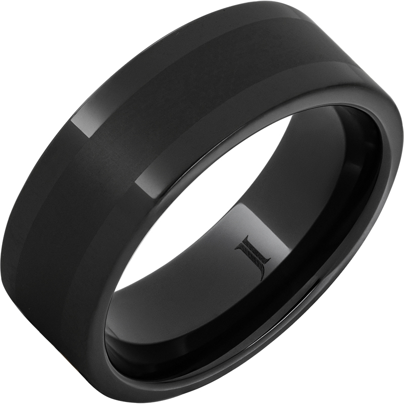 JI - Size:10 Black Ceramic 8mm Pipe Cut Polished Band with 4mm Satin Center