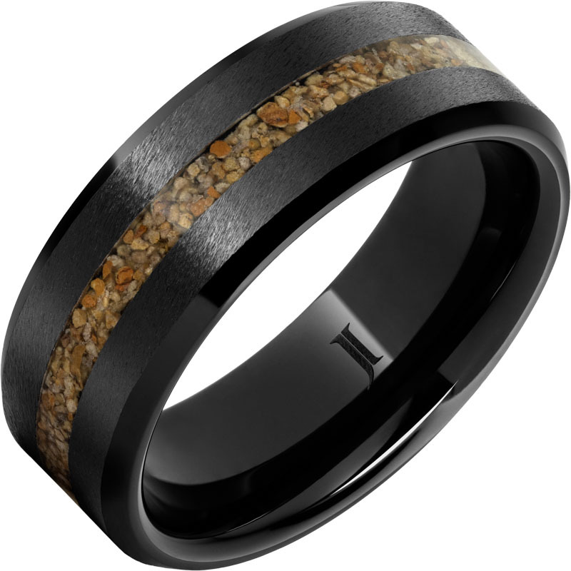 JI - Size 10, Black Diamond Ceramic Ring with Brown Dinosaur Fossil Bone