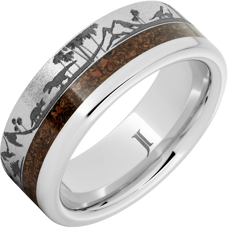 JI - Size 10, Serinium Ring with Dinosaur Bone Inlay and Dinosaur Landscape Engraving