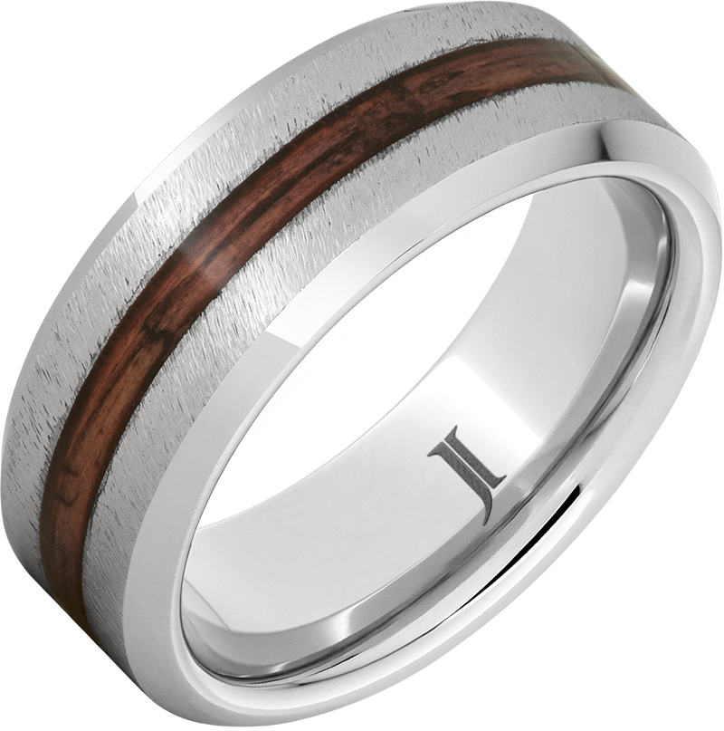 JI - Size 10, Serinium® ring features a 2mm oak cabernet aging barrel inlay, beveled edges and a grain finish