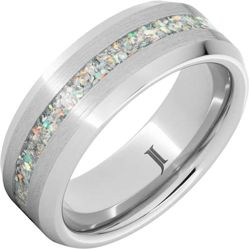 JI - Size 10, Serinium® ring with 2mm crushed opal inlay, satin finish and polished beveled edges.