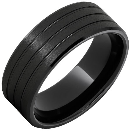 JI - Size: 11 Black Diamond Ceramic 8mm Beveled Edge Band with Three .5mm Grooves and Stone Finish