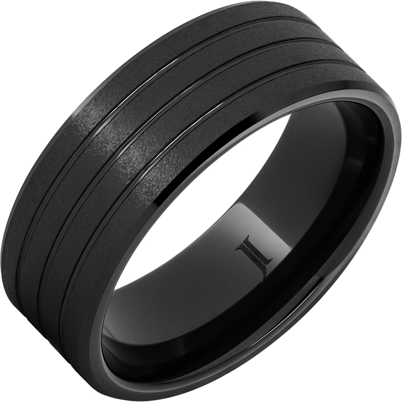 JI - Size: 9.5 Black Diamond Ceramic 8mm Beveled Edge Band with Three .5mm Grooves and Stone Finish