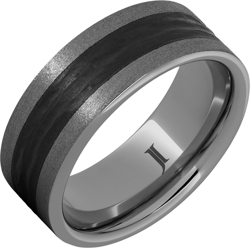 JI - size 10, 8mm RUGGED TUNGSTEN™ RING WITH BARK CARVED BLACK CERAMIC INSERT AND STONE FINISH