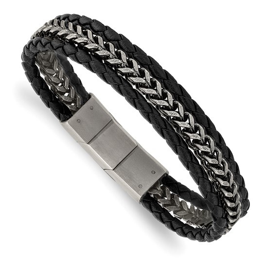 QGold - 8.25 Stainless Steel Antiqued and Brushed Multi Strand Chain and Black Leather Bracelet with .5 inch Extension