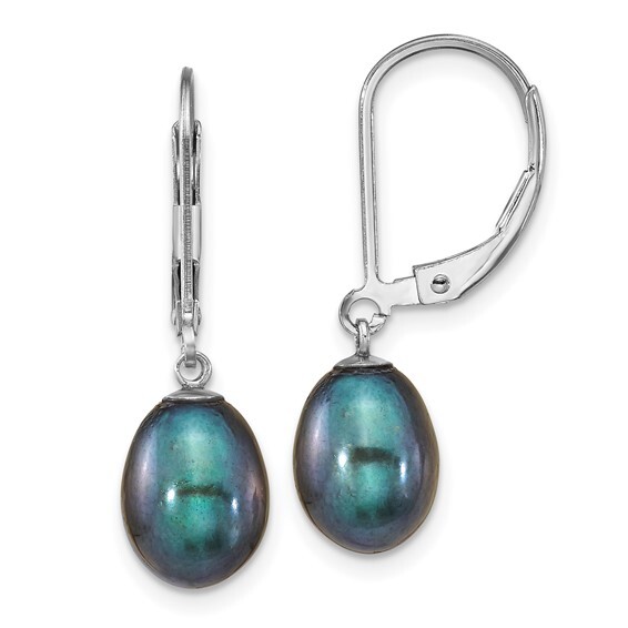 QGold - SS Rhodium-plated 7-8mm Black Teardrop Freshwater Cultured Pearl Leverback Dangle Earrings