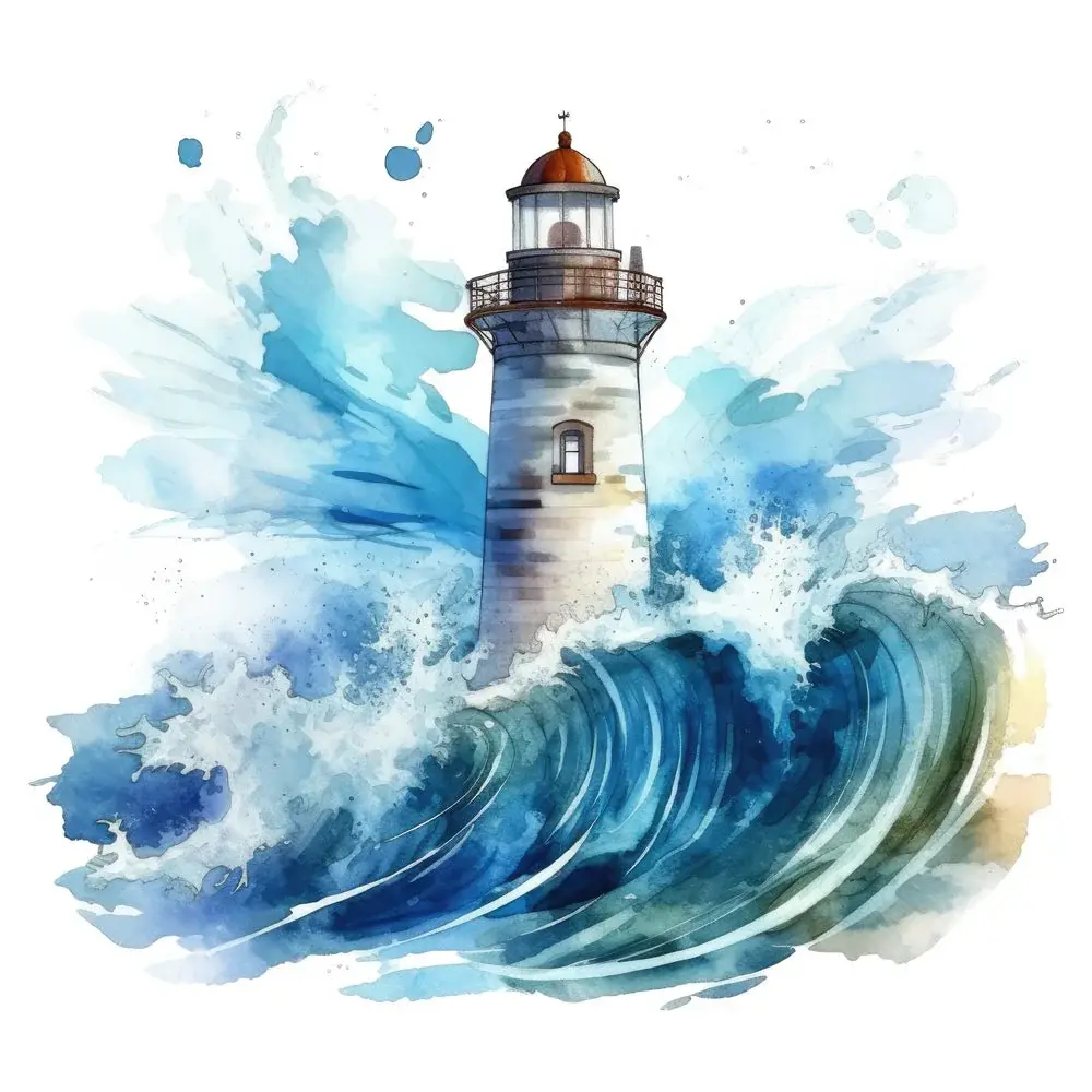 Watercolor Lighthouse Scene Fabric Panel 4.5x4.5