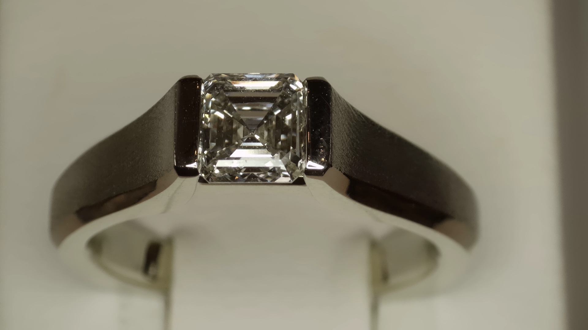 14KW Asher Cut Suspension Ring, European Shank, Matte Finish, Lab Diamond, .96 Carat, Size 7