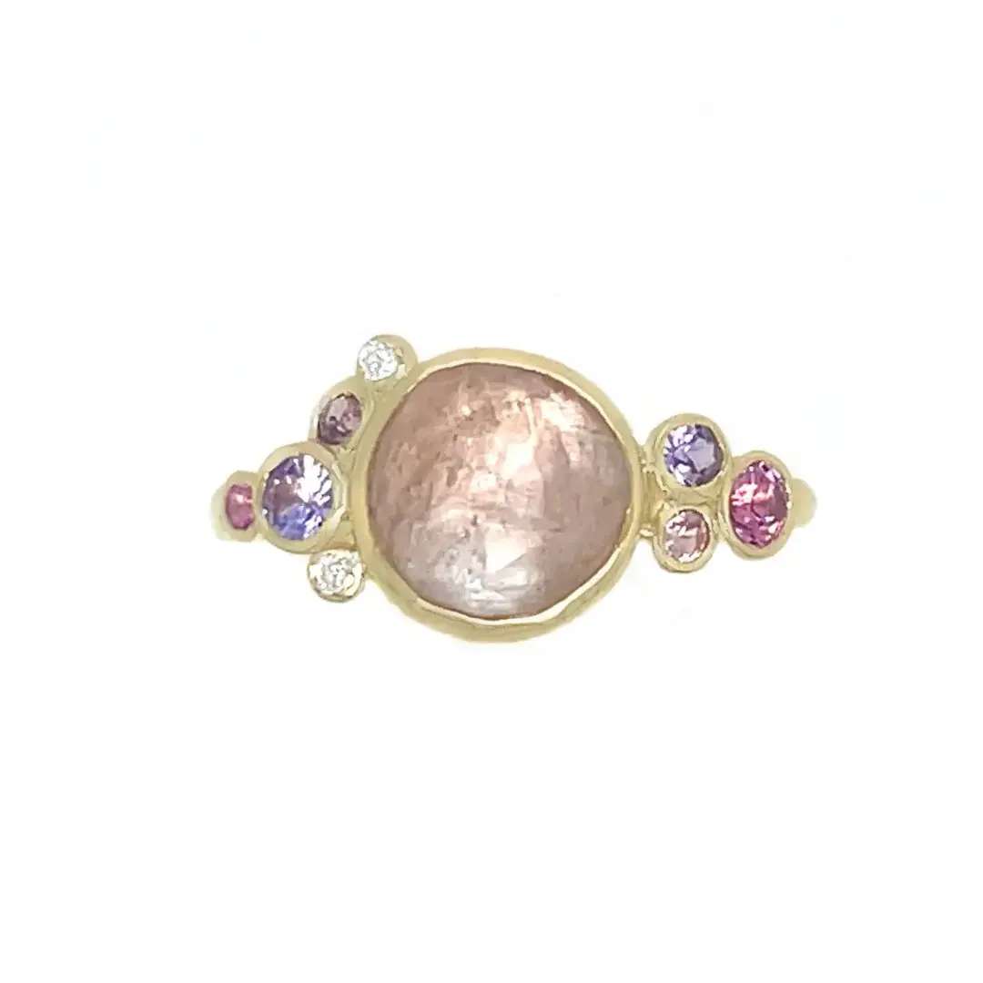 14KY Morganite Ring with Sapphire and Diamond Bubbles, 2.15 carats, Size 7