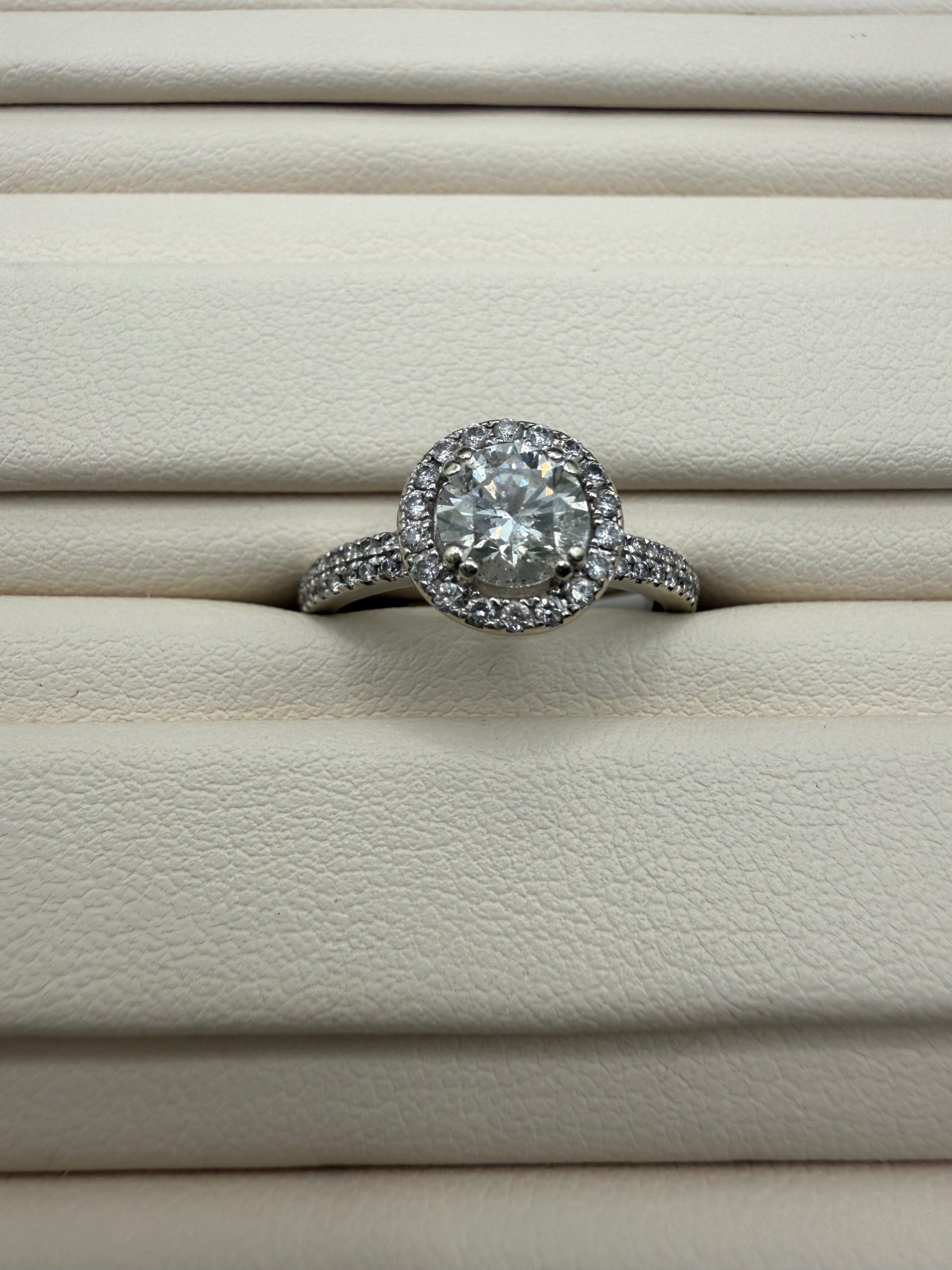 14k WG 3/4 CT natural halo with double accented band size 5