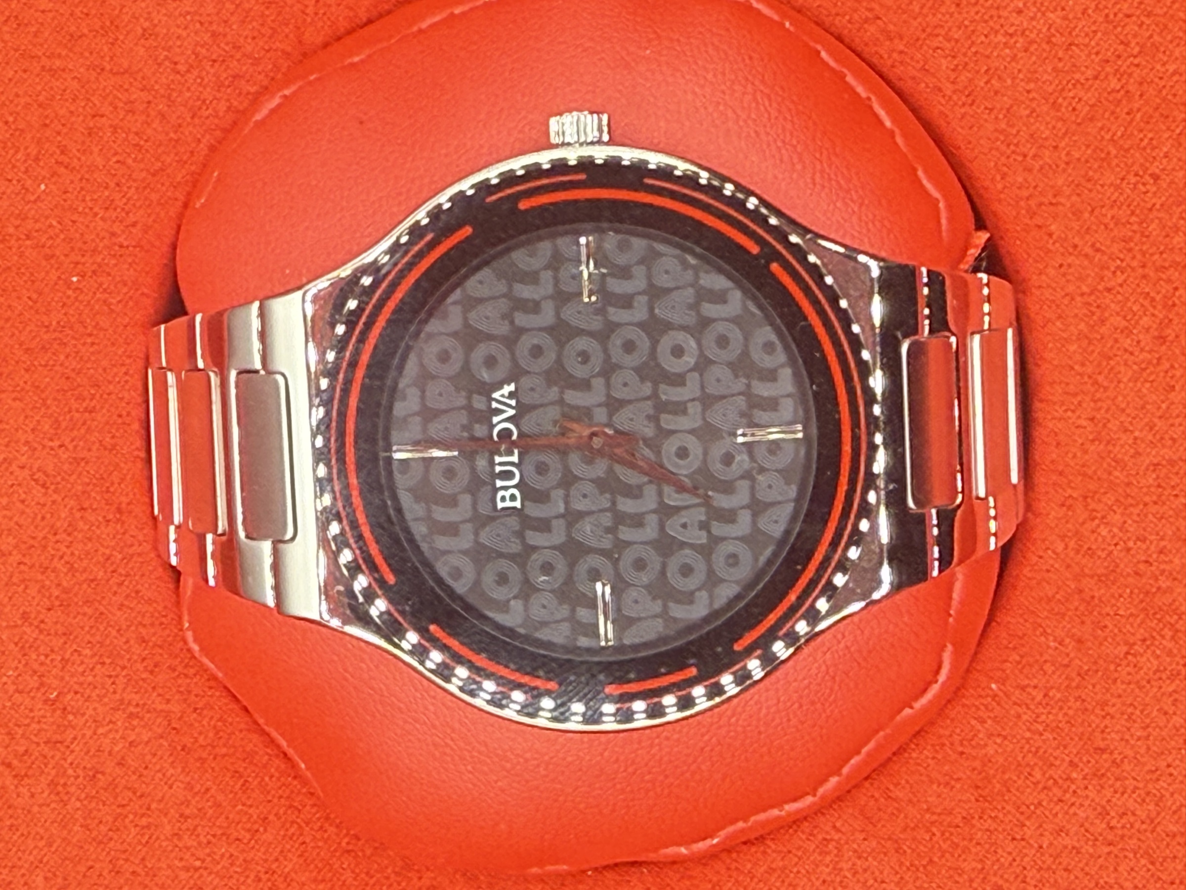 Bulova Men's Apollo Theatre Men's st steel band  black dial with red accents 