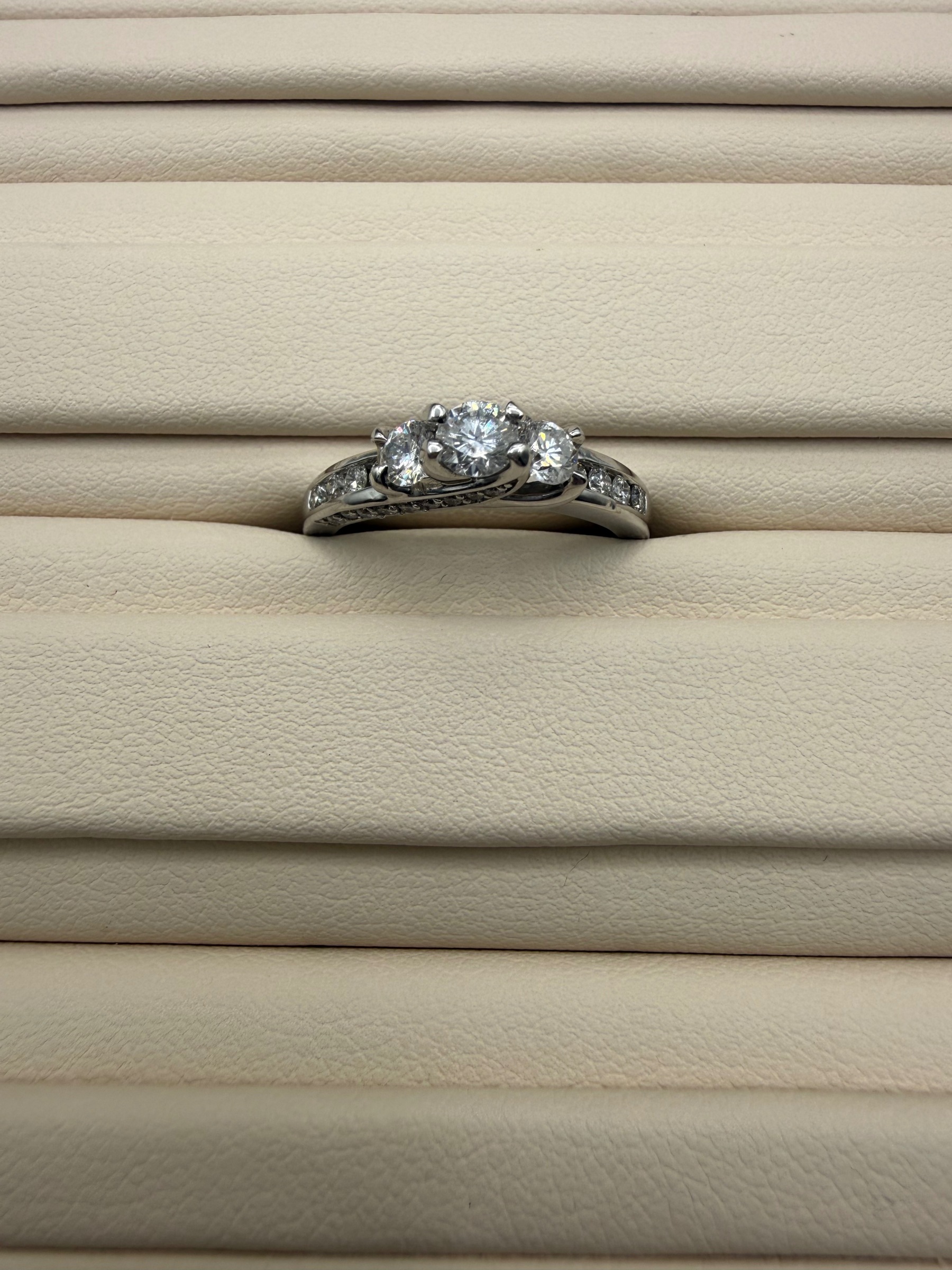 White Gold Engagement Three Stone Ring With Inset Side Diamonds size 7
