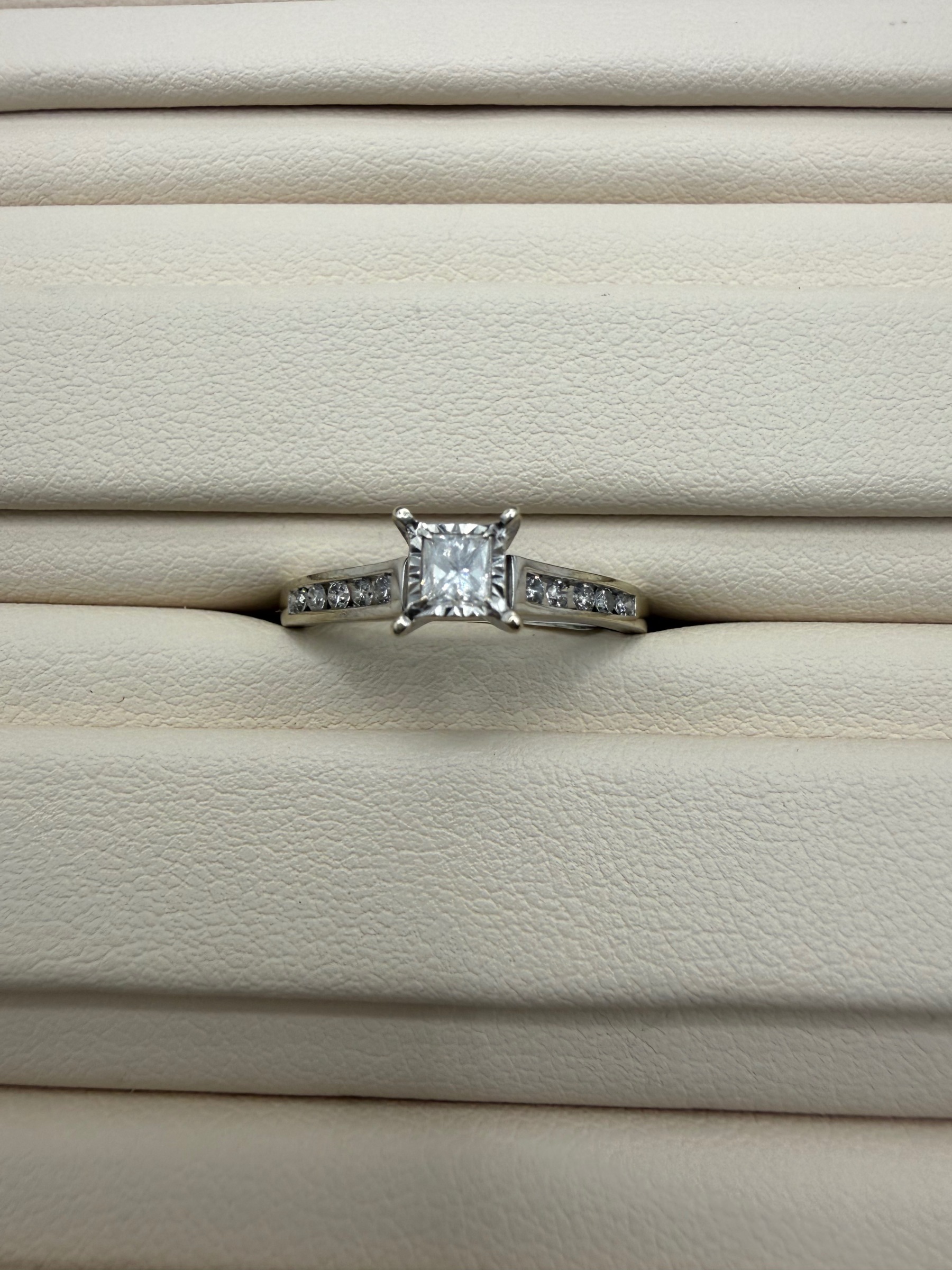 White Gold princess cut Solitaire Engagement Ring With Diamond channel accented band size 7