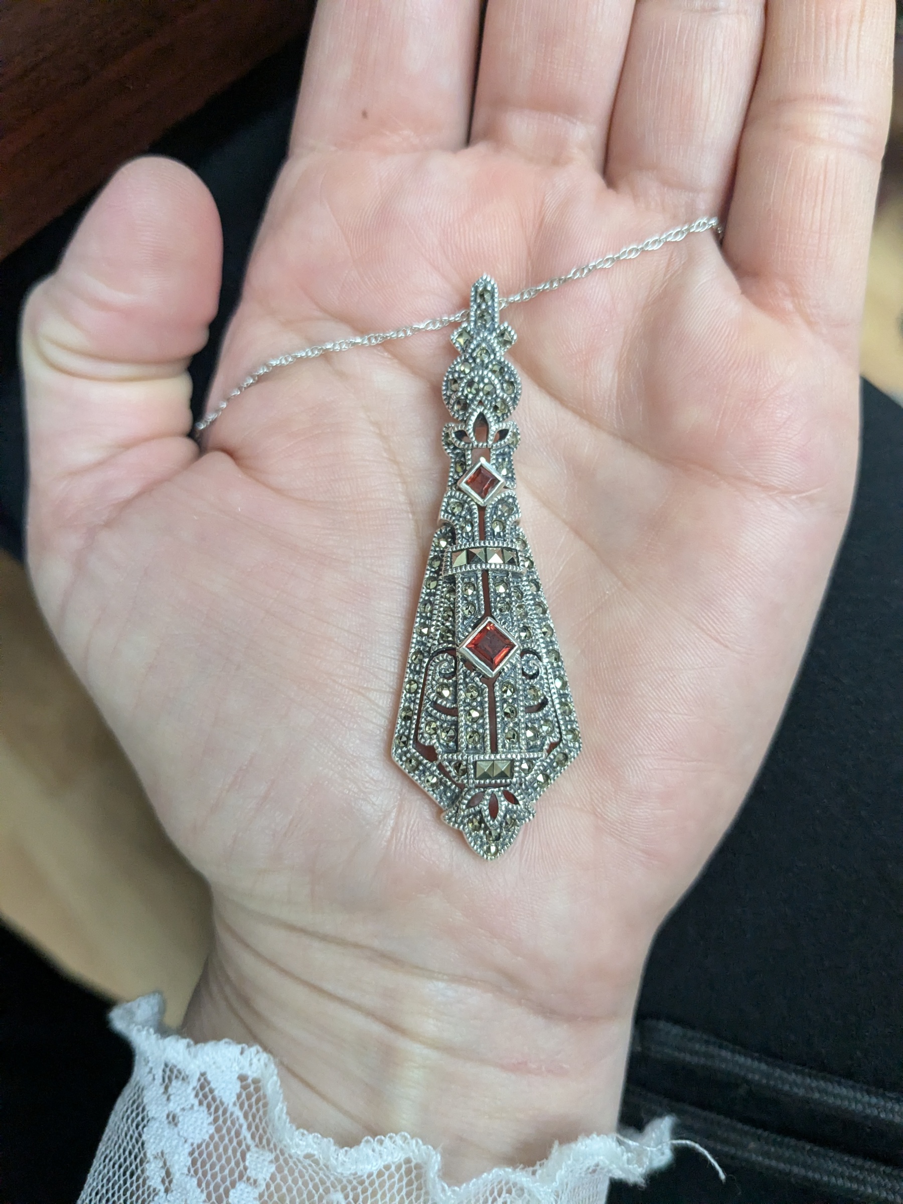 vintage Judith jack silver and garnet w marcasite pendant on chain