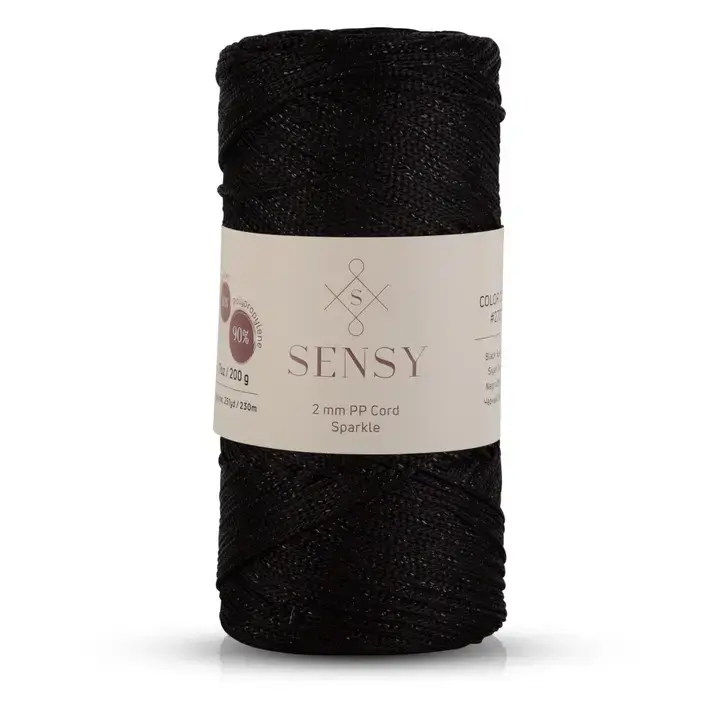 Sensy Premium 2mm Sparkle - 251 Yards 90% Polypropylene / 10% Polyester Macrame Cord- Sparkle Black