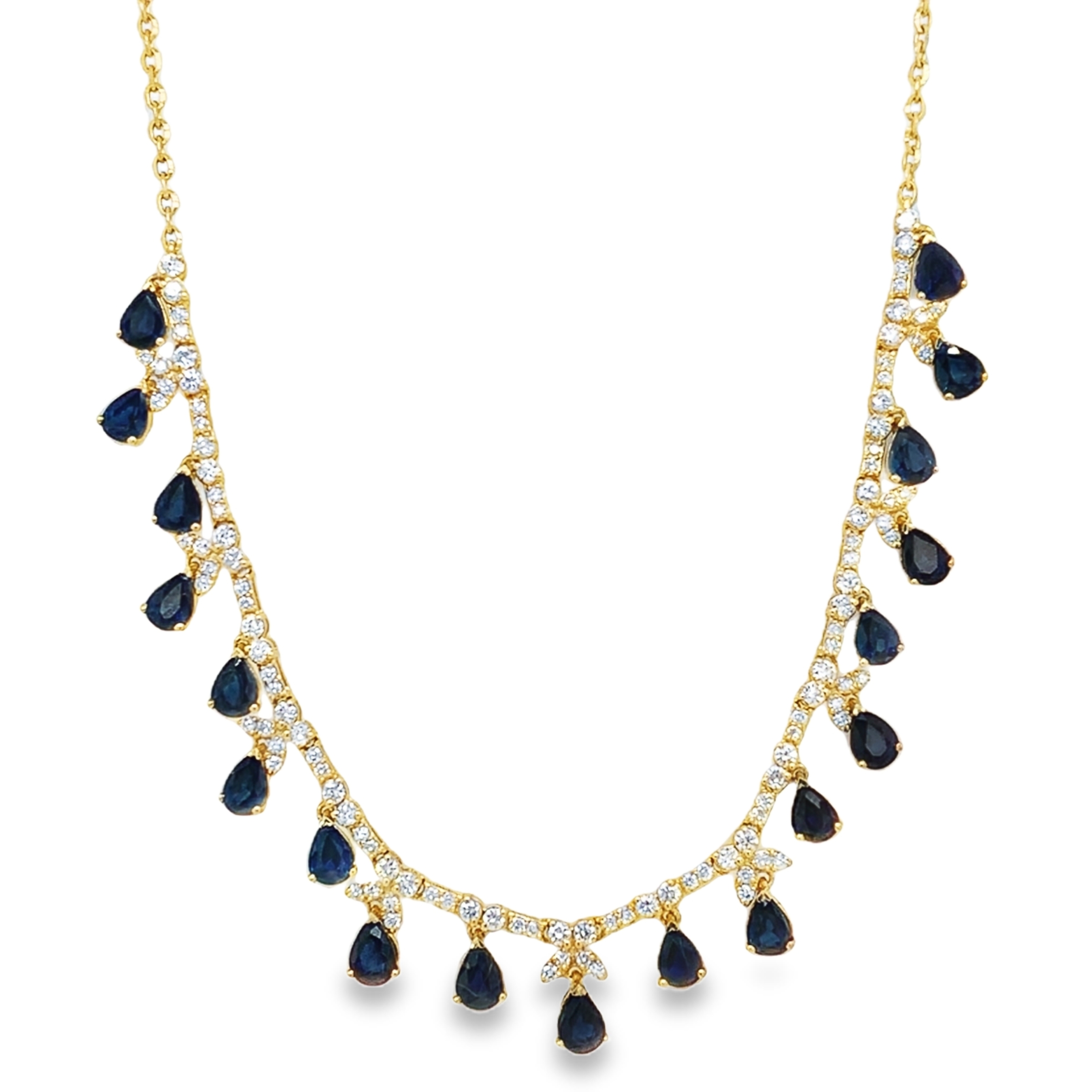 14KY .82 CT DIA AND 4.38 CT SAPH PEAR SHAPE HANGING NECKLACE 