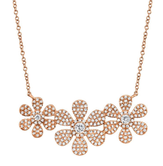 14KR .62 CT PAVE TRIPLE FLOWER NECKLACE 