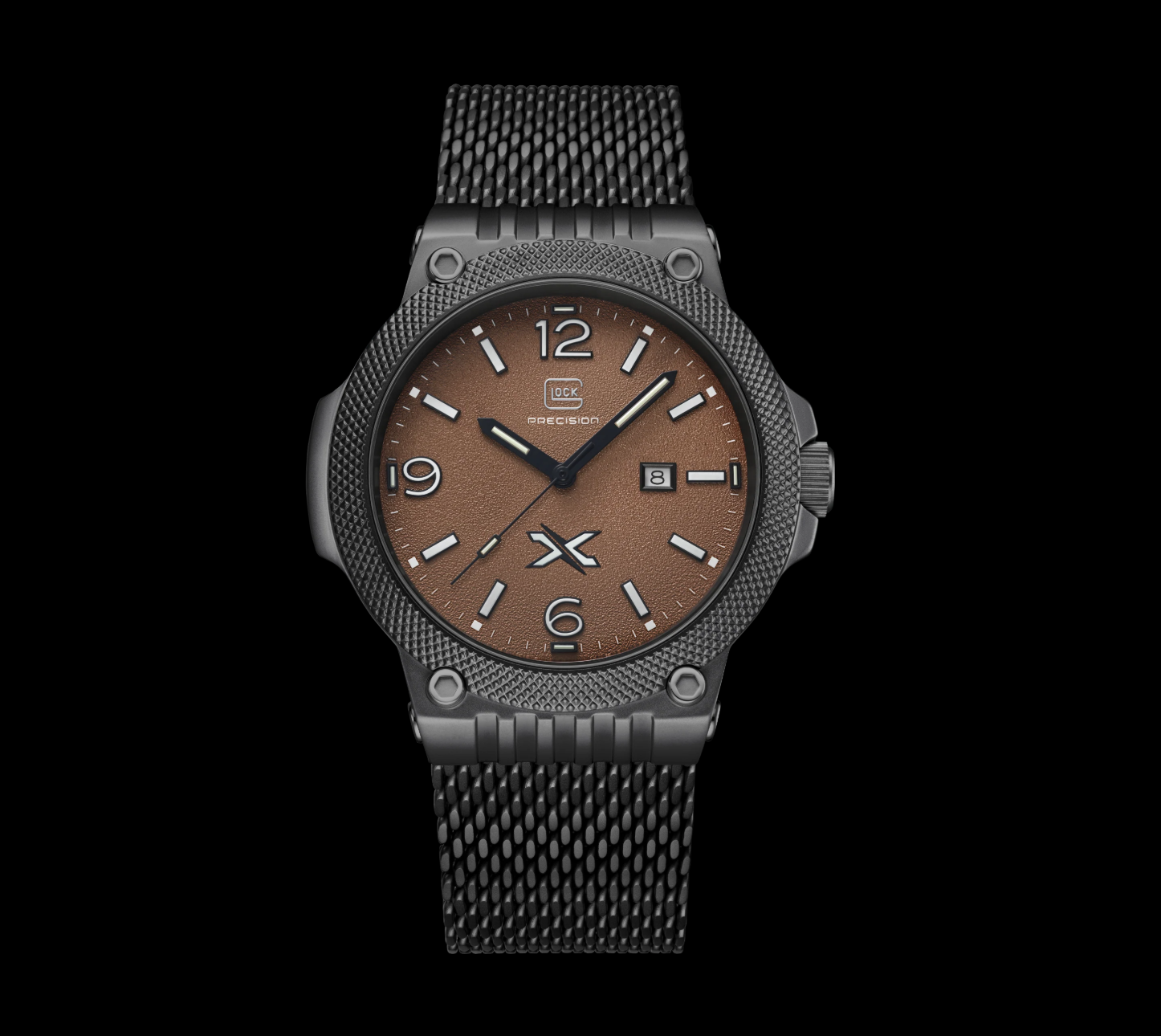 Men's Glock Watch NEW Limited Edition Black Steel Case Black Mesh Bracelet and Brown Rubber Strap. GW-43-5-24