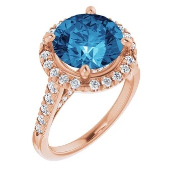 14K Rose Gold Round French-Set Engagement Ring 1.01ct Blue Lab, .50sides and halo