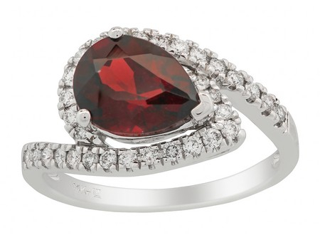 14K White Gold 2.21 Pear Shaped Garnet with .33tdw on the sides Ring