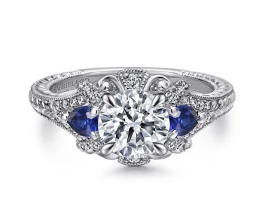14K White Gold .42 blue sapphire, .23tdw sides 6.5 CZ Round Engagement Ring
