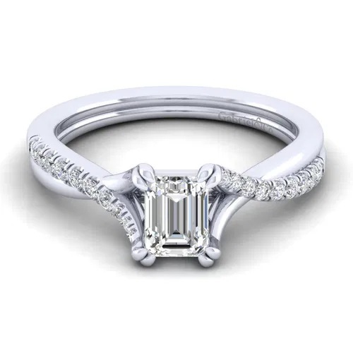 14K White Gold .50carat center Radiant cut G-H in color, SI in clarity, .15tdw on sides Gabriel Leigh