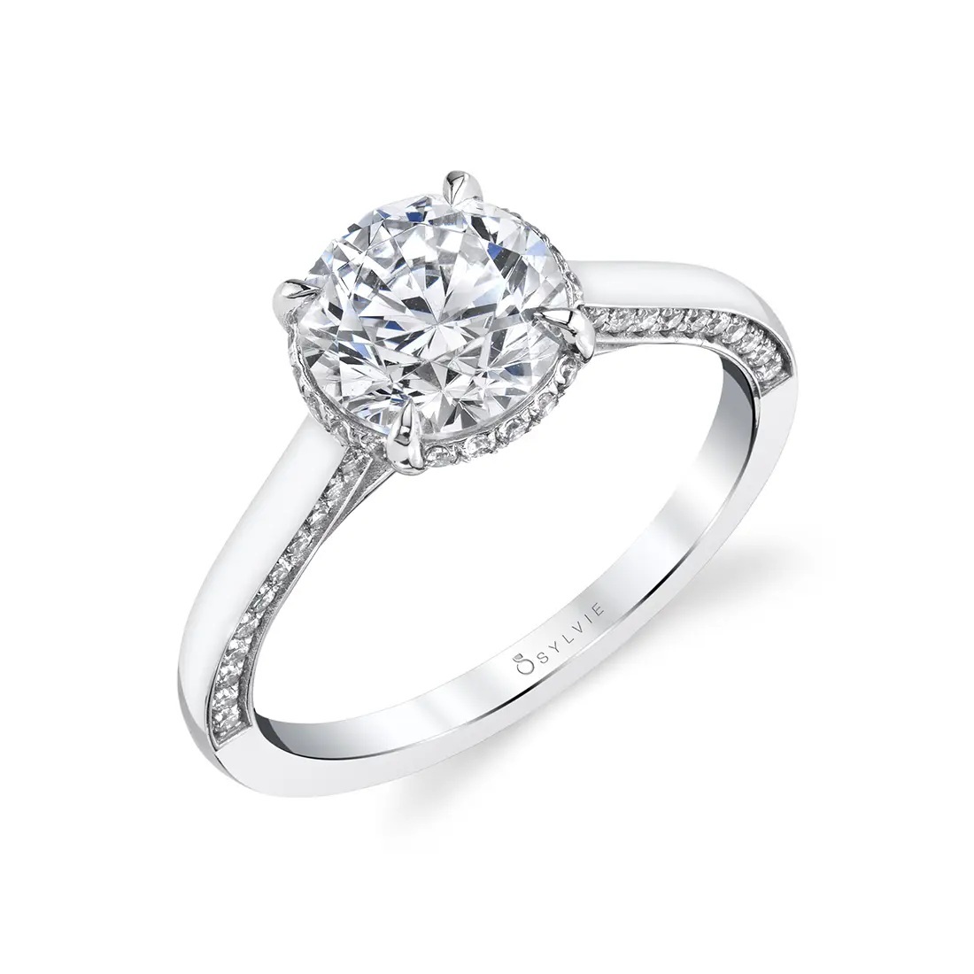14K White Gold Round Hidden Halo Engagement Ring with Diamond Profile 1.31ct Lab .26sides & halo
