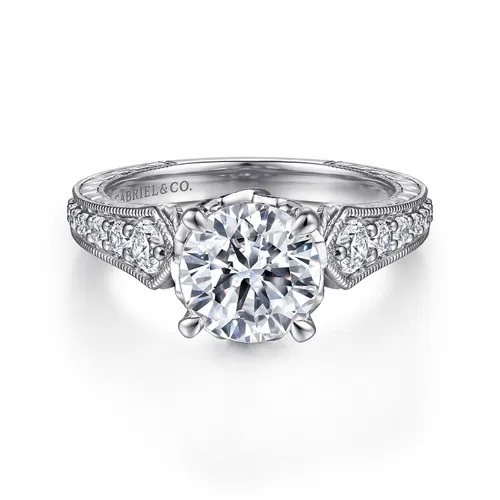14K White Gold Vintage Inspired Engagement Ring 1.37ct Round Lab, .46sides