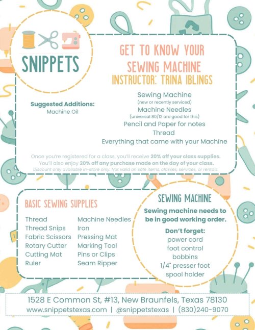 Supplies list for Get to Know your Sewing Machine, click for printable pdf