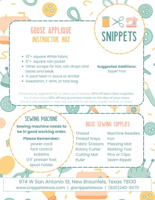 Supplies List for Goose Applique Project click to download