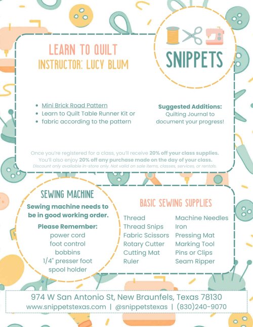 Supplies list for the learn to quilt table runner class