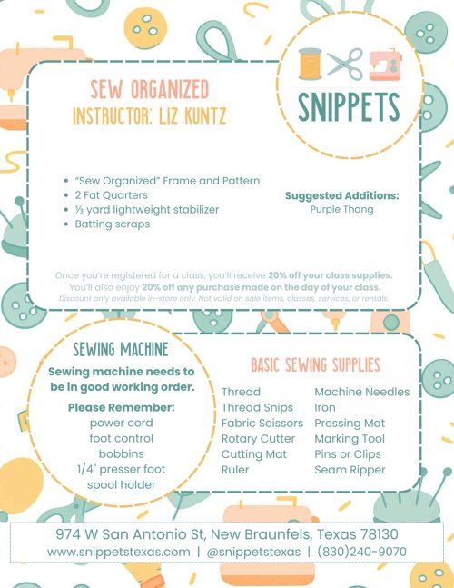 Sew organized class supplies list, click for printable version