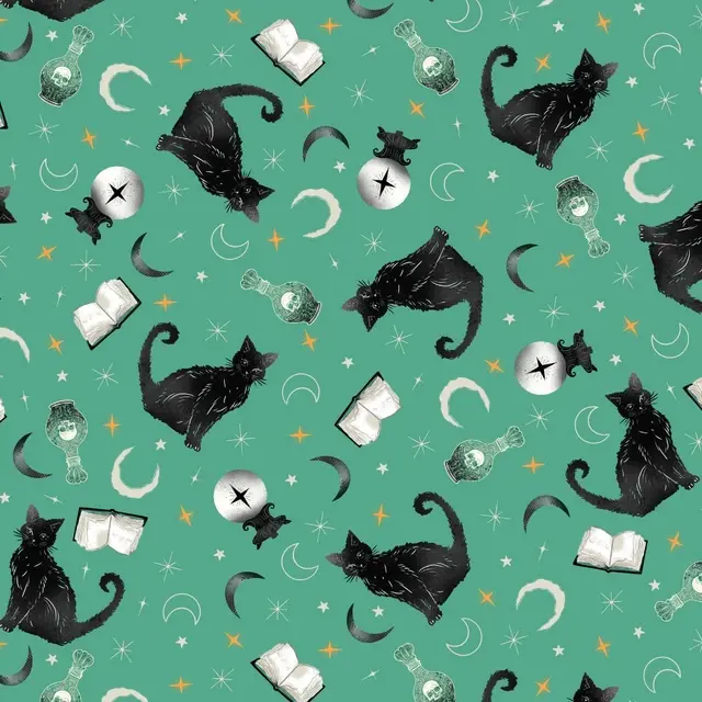 Black Cats, Crystal Balls, & Potion Books: Turquoise - Witchy Wicked || Blank Quilting Corp 4860-70