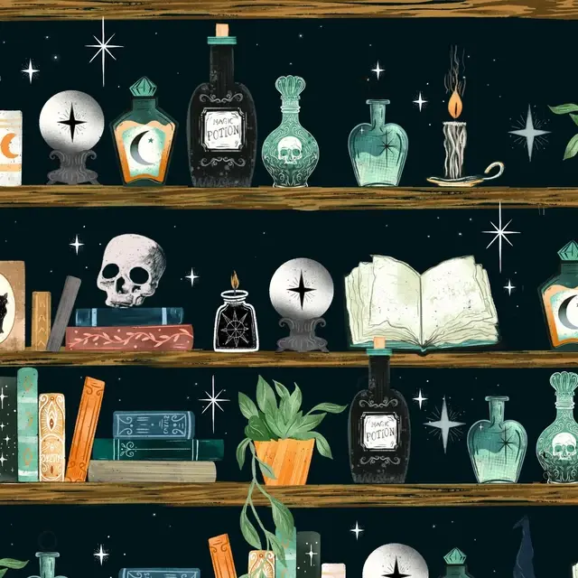 Bookshelf with Potion Bottles and Crystal Balls: Black - Witchy Wicked || Blank Quilting Corp