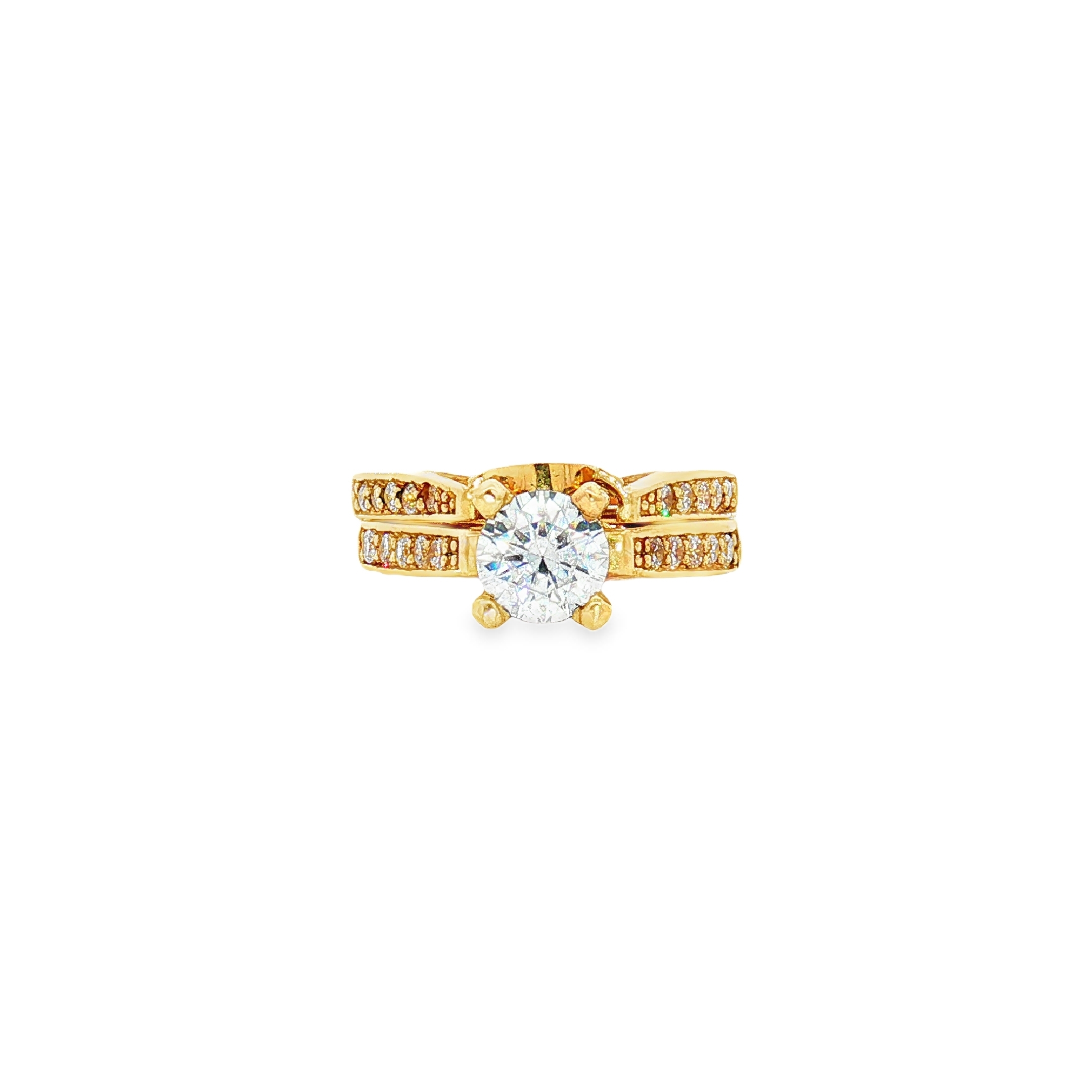 10K Yellow Gold Cathedral Wedding Set with Cubic Zironia Center and Accent Bands, Size 6.75