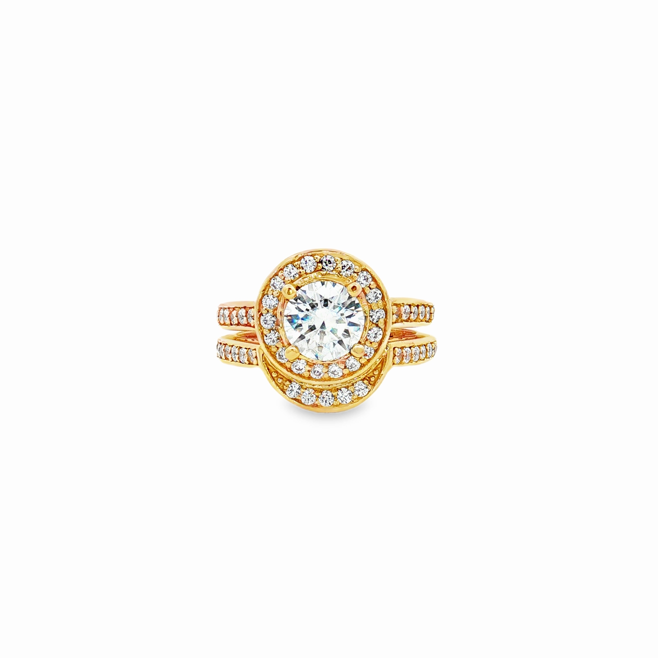 10K Yellow Gold Halo & Hidden Halo Cathedral Wedding Set with Cubic Zirconia Center and Accent Bands, Size 6.5
