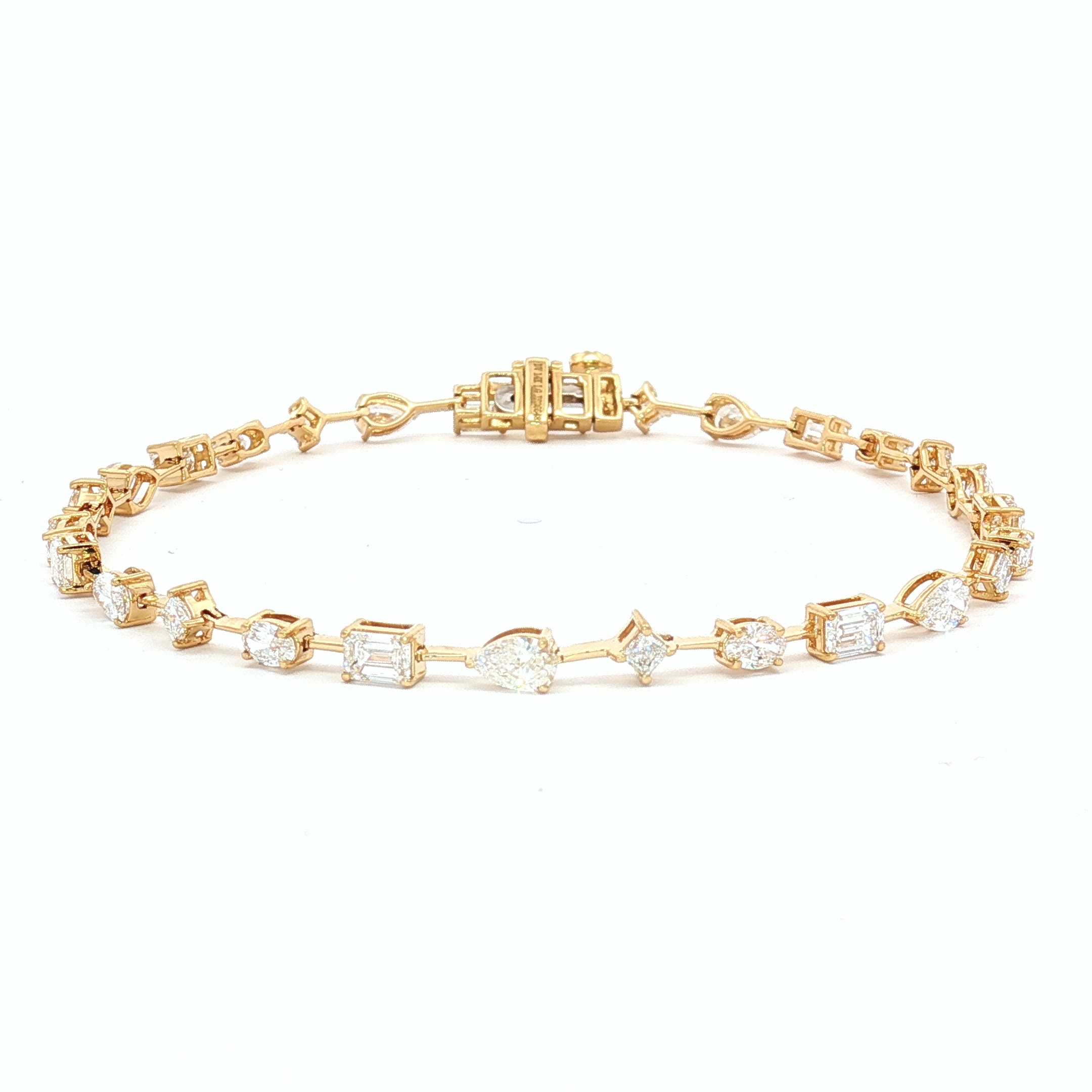 14K Yellow Gold Tennis Bracelet with Lab-Grown Diamonds in Emerald, Pear, Princess, and Oval Cuts, 3.00ctw