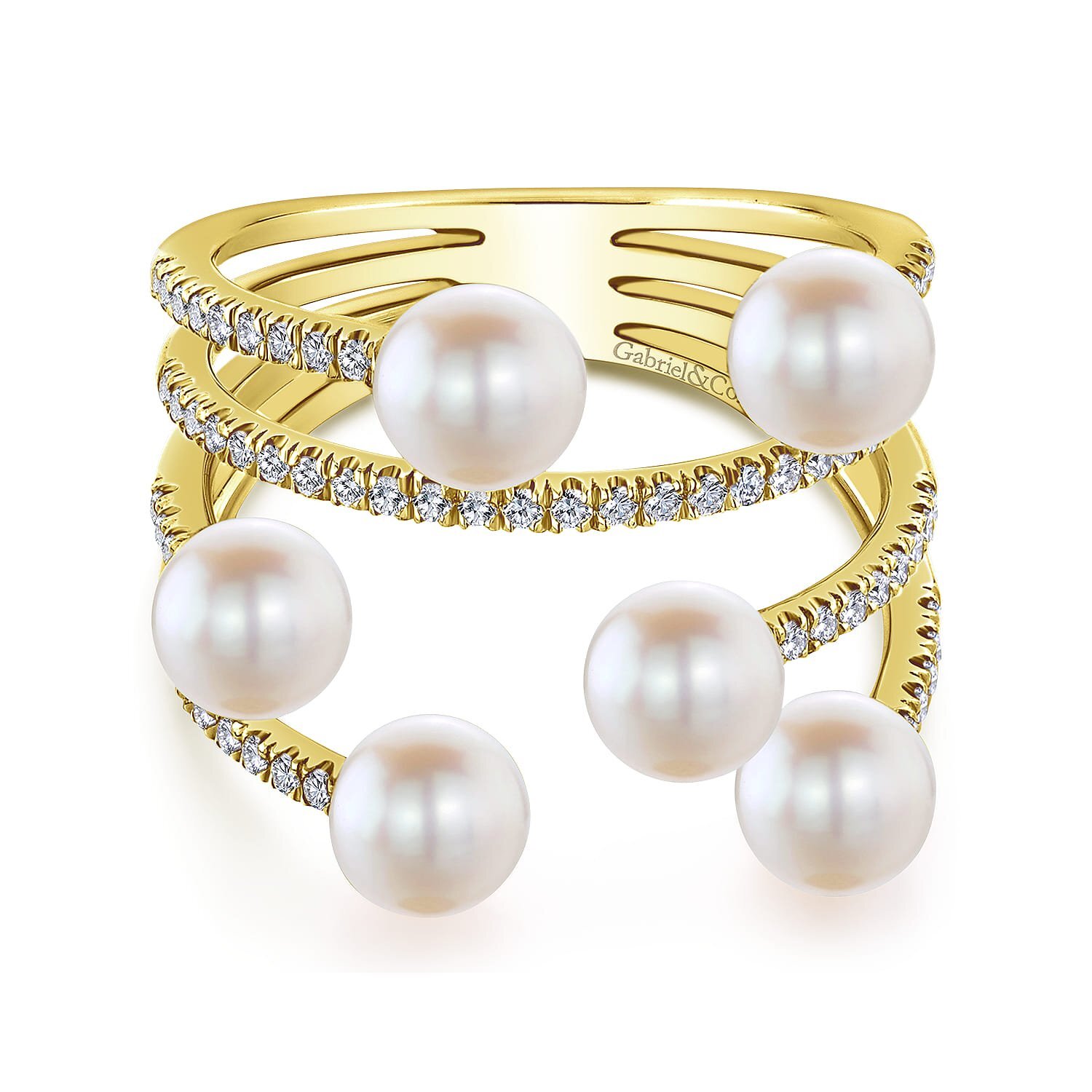 14K Yellow Gold Multi-Pearl Diamond Cuff Ring with 0.30ct Natural Diamonds, Size 6.5