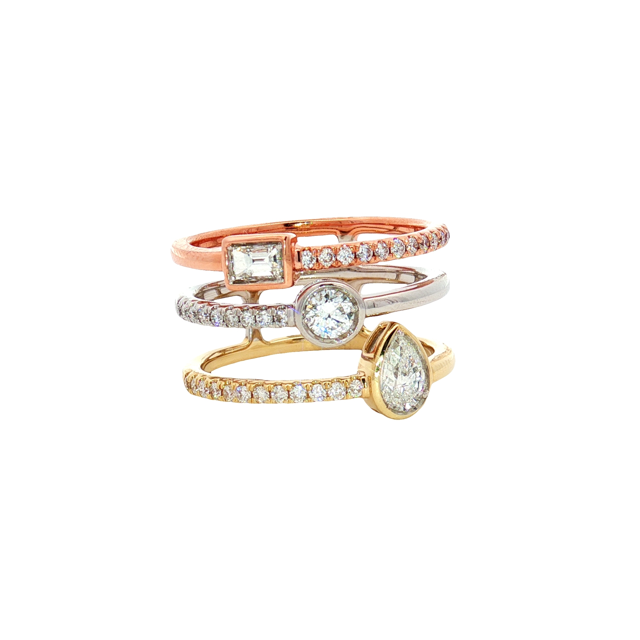 14K Tri-Tone Triple Band  Diamond Ring with 0.45ct Round-Cut, 0.13ct Baguette-Cut & 0.31ct Pear-Cut Diamonds, Size 7.5