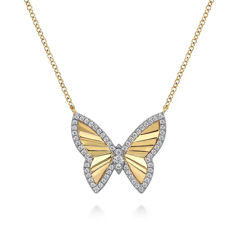Butterfly - 14K White Yellow Gold 0.29ct Diamond Butterfly Necklace, 17.5