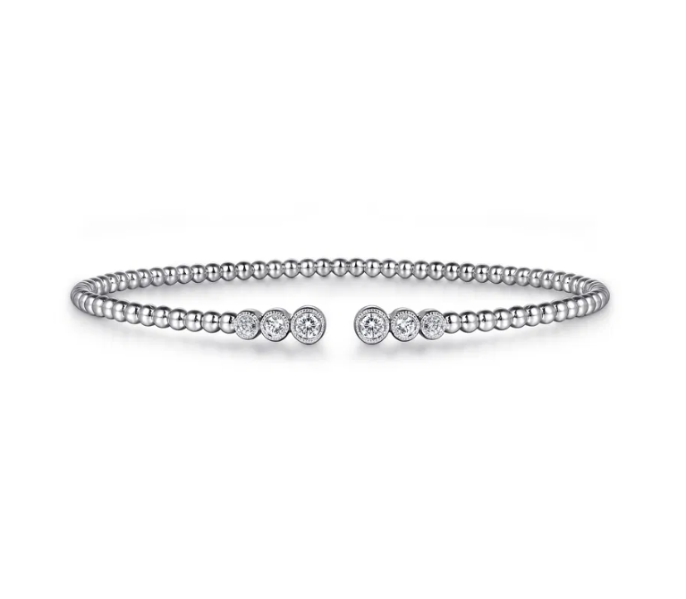 14K White Gold Bujukan Bead Split Cuff Bracelet with 0.23ct Bezel Set Diamonds, Size 5.75